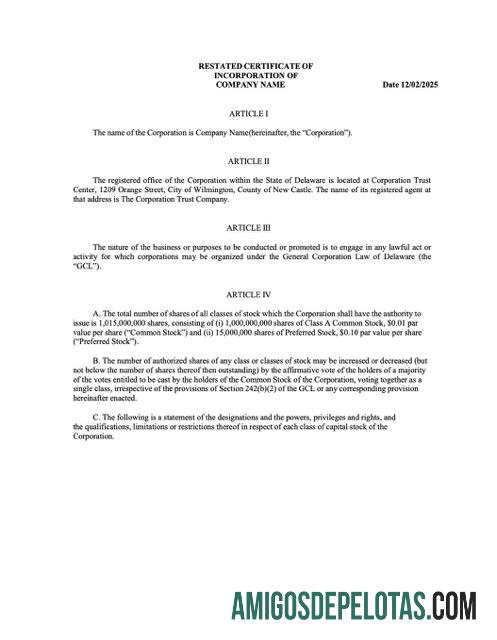 Certificado de Incorporação dos EUA Delaware para impressão, modelo Word e PDF, Versão 2